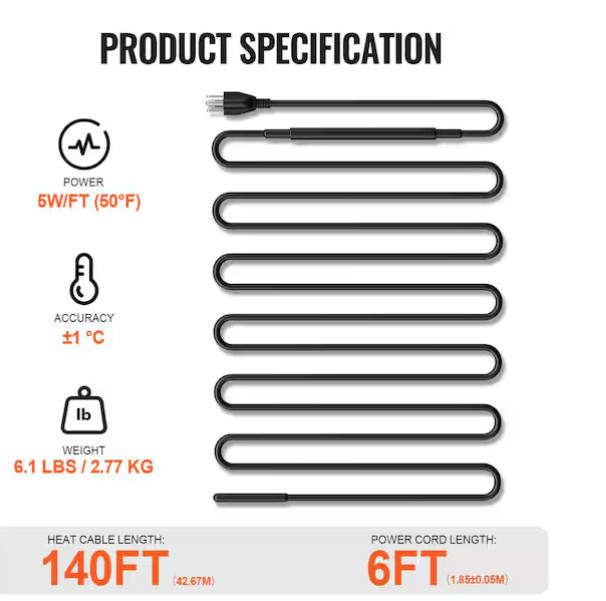 VEVOR Self-Regulating Pipe Heating Cable 140FT 5W/FT Heat Tape Pipes & Roof New gallery