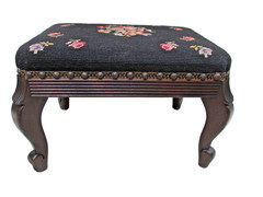 vtg needlepoint footstool antique carved wood foot stool rose decorated 10 x 15