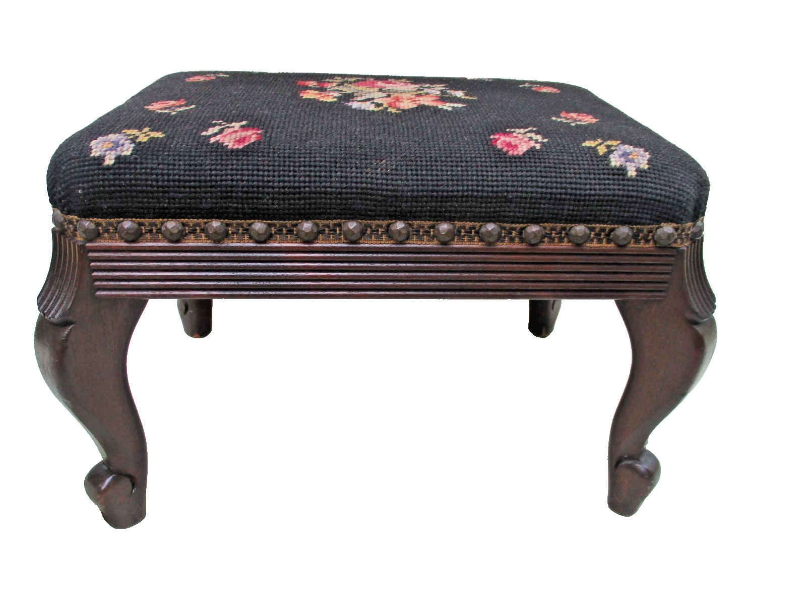 vtg needlepoint footstool antique carved wood foot stool rose decorated 10 x 15 gallery