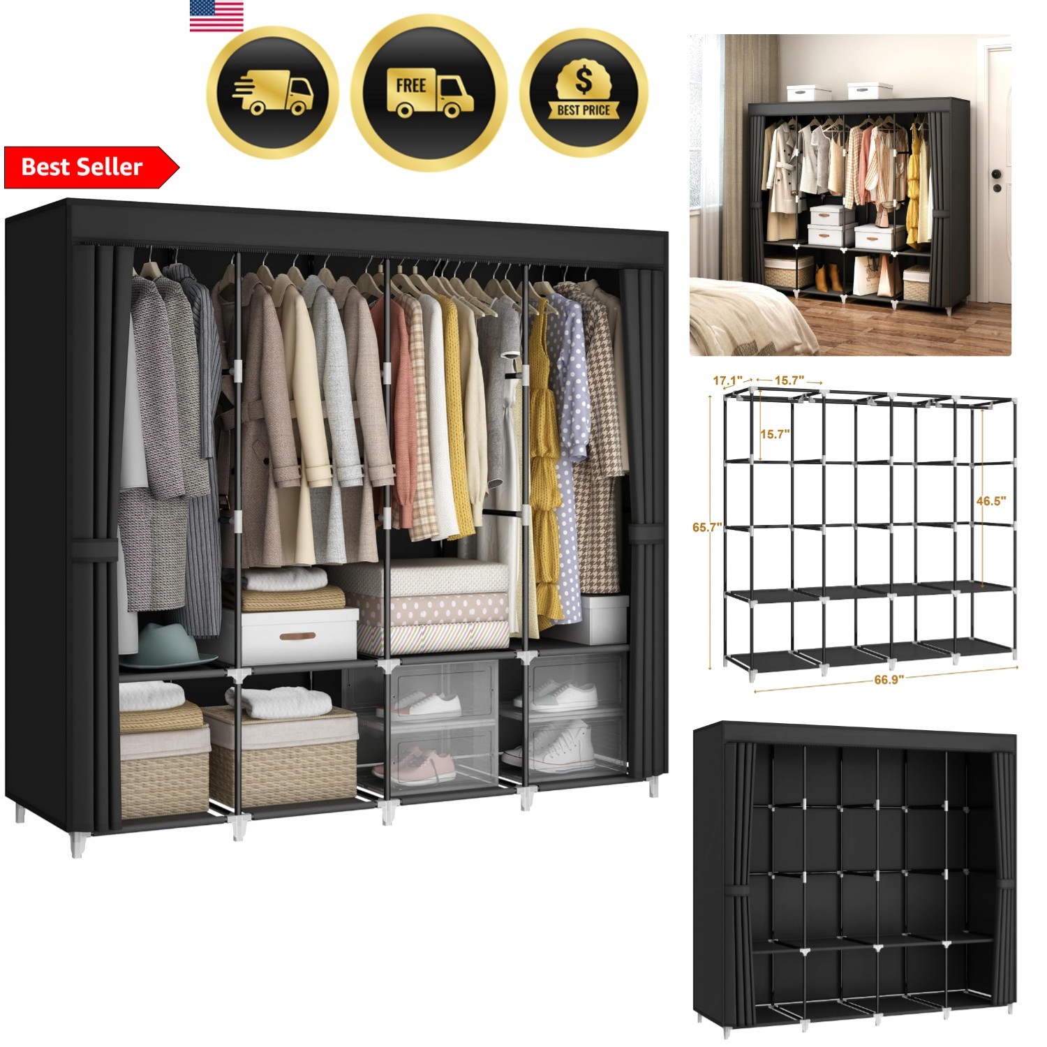 Portable Closet Wardrobe Storage Organizer with Shelves and Hanging Rods gallery