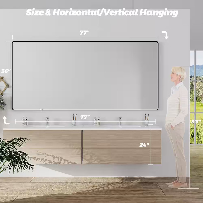 77 In. W X 36 In. H Rectangular Framed Wall Mounted Bathroom Vanity Mirror in Br gallery