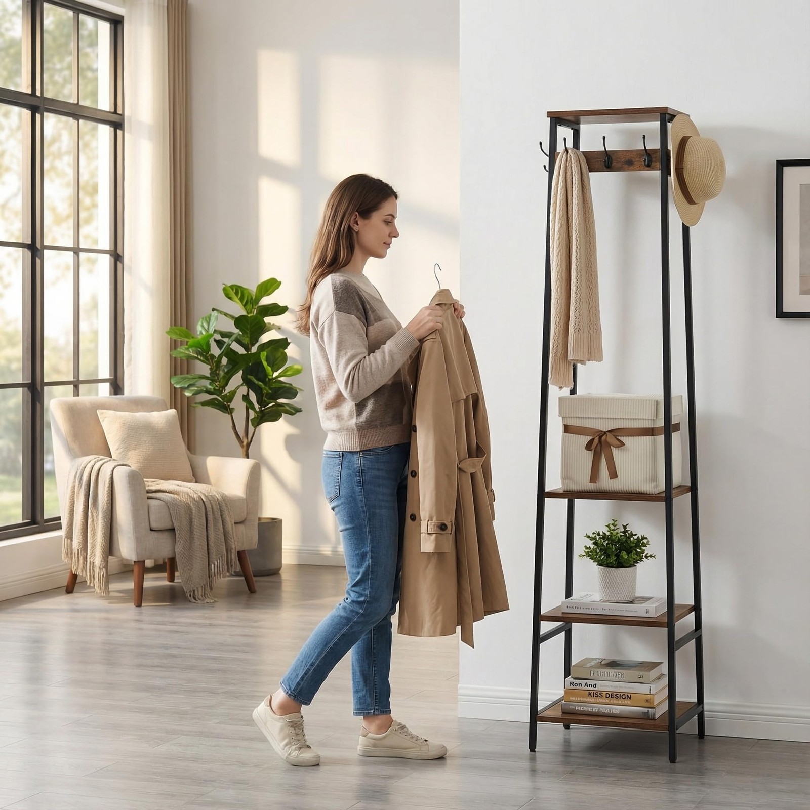 Rustic Brown/Black Freestanding Coat Rack Stand 3 Shelves 7 Hooks Hall Tree gallery