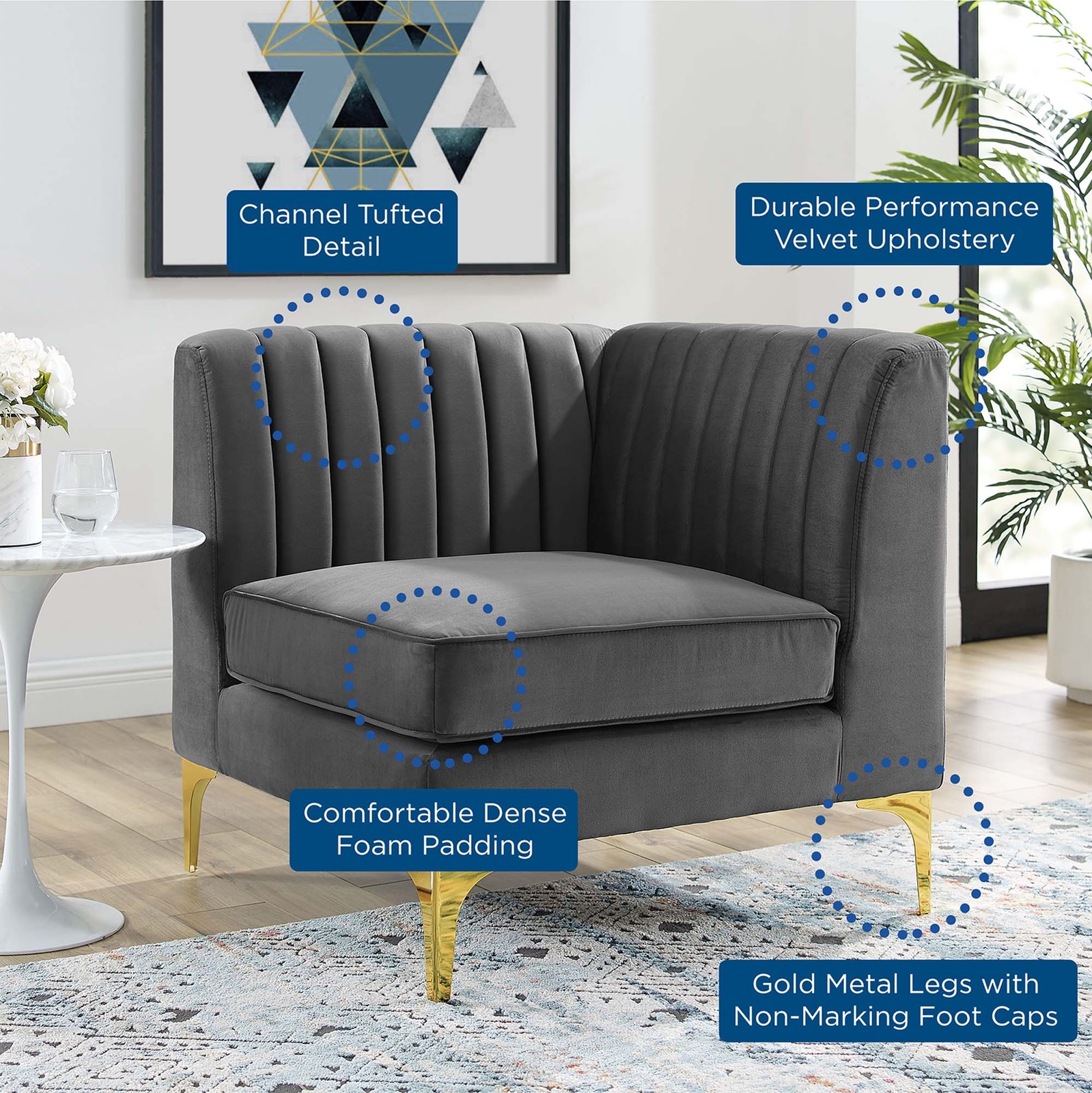 Modway Channel Tufted Performance Velvet Sectional Sofa Corner Chair gallery