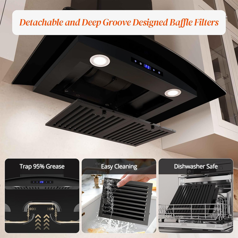 30" Wall Mount Range Hood, 600 CFM, Ducted/Ductless, LED, Black Stainless Steel gallery