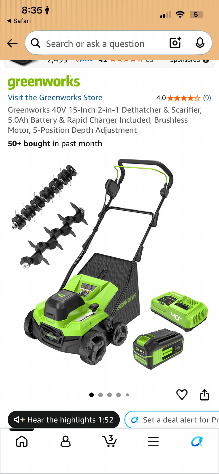 Greenworks 40V 15-Inch 2-in-1 Dethatcher & Scarifier, 5.OAh Battery & Rapid Char gallery