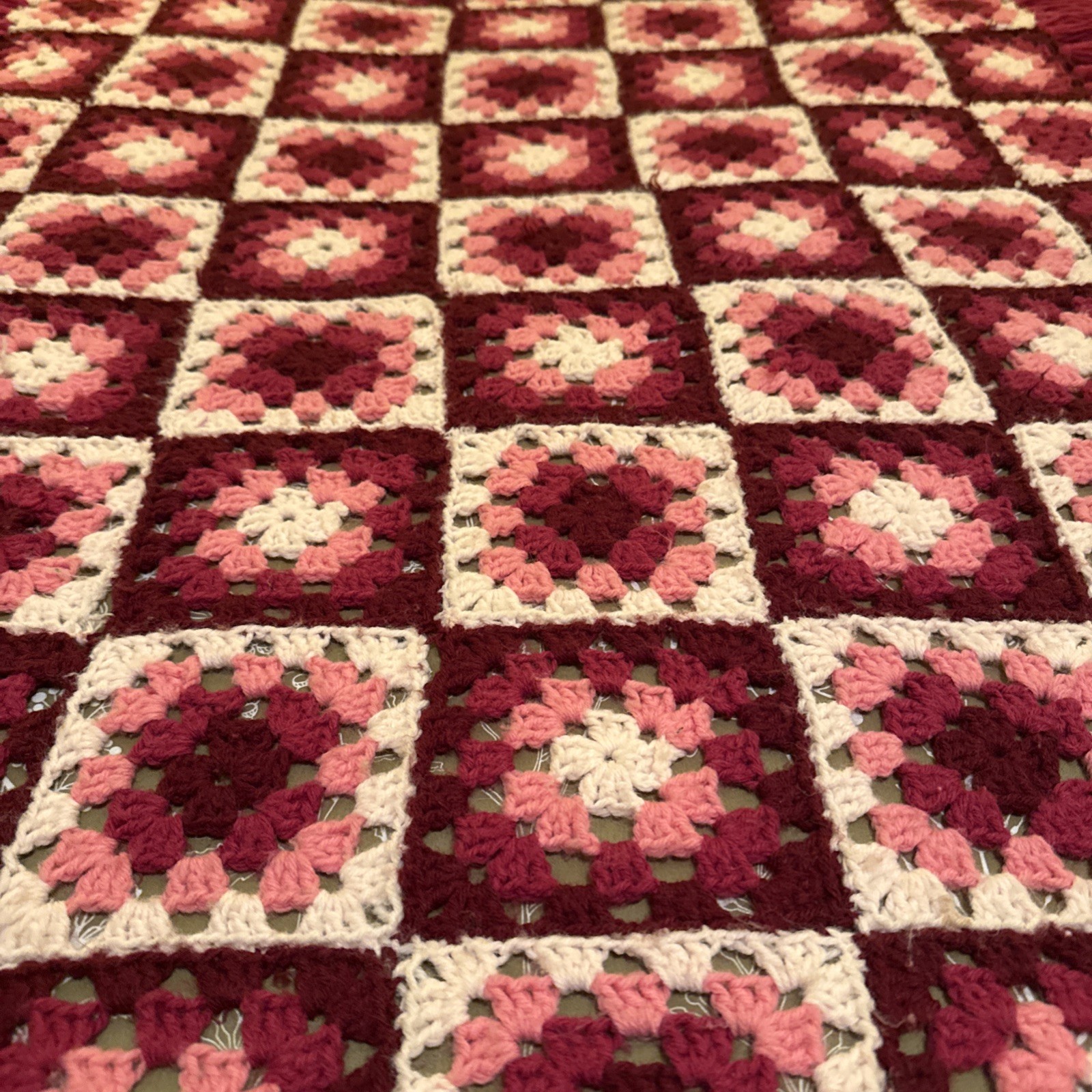 Handmade Afghan Granny Square Pink Red Knitted 60" x 45" Sofa Throw Fringe gallery