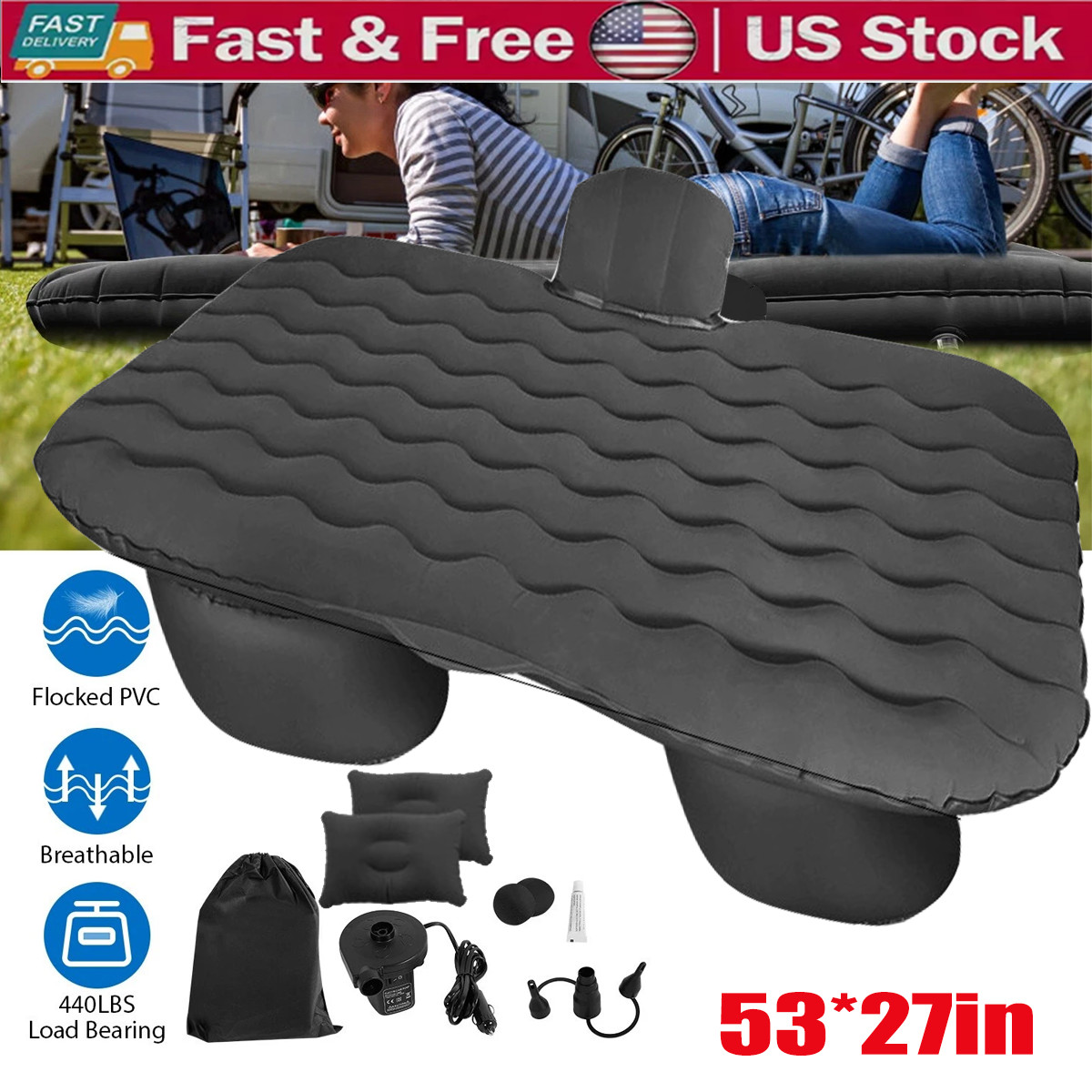 Inflatable Travel Car Air Mattress Back Seat Bed and Rest W/Pillows Pump and Bag gallery