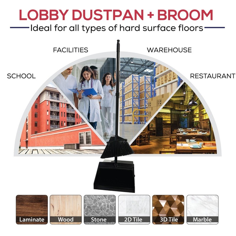 38" Upright Lobby Broom and Dustpan Set for Home & Commercial Use, Black, 1 Set gallery