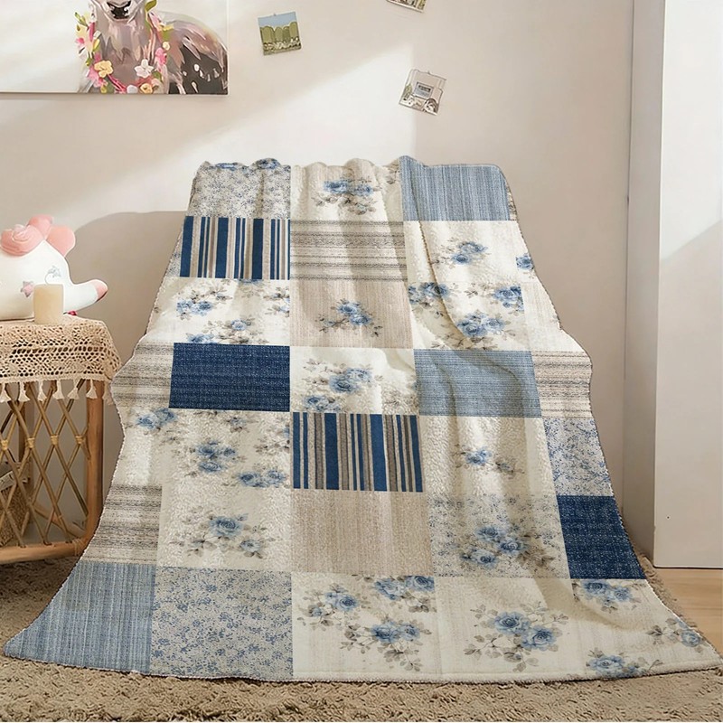 Blue Floral Patchwork Flannel Blanket Soft Cozy Tapestry Napping Travel Use gallery