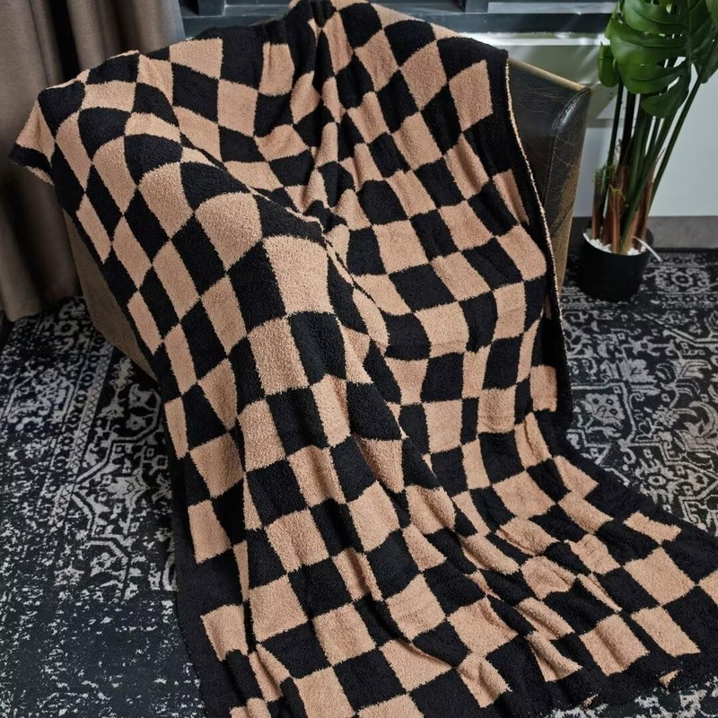 Black Brown Soft Reversible Checkered Knit Throw Blanket Sofa 51x63 Inch gallery