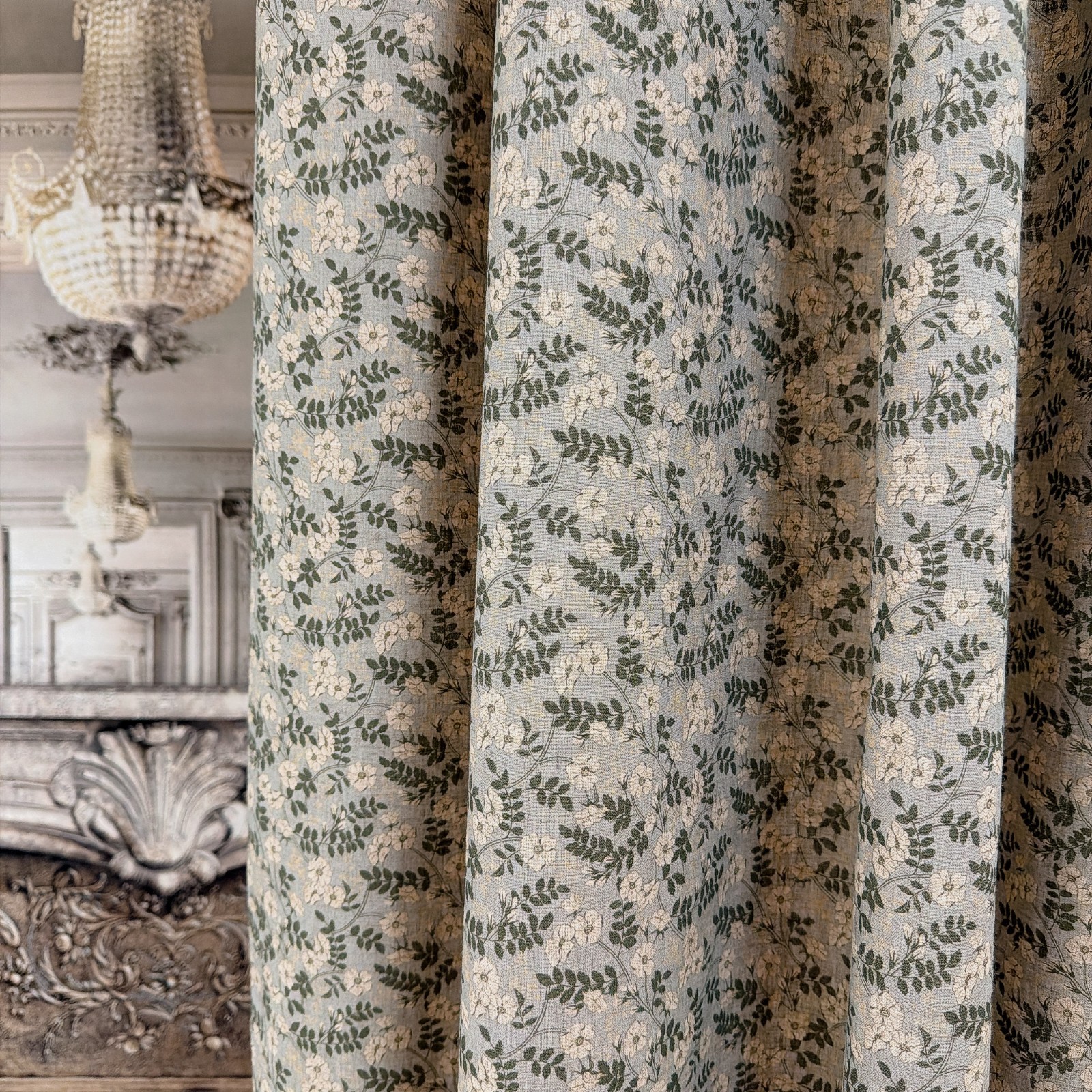 Handcrafted Ivory Floral Linen Blend Curtains on Dusty Blue Grey Custom Panels gallery