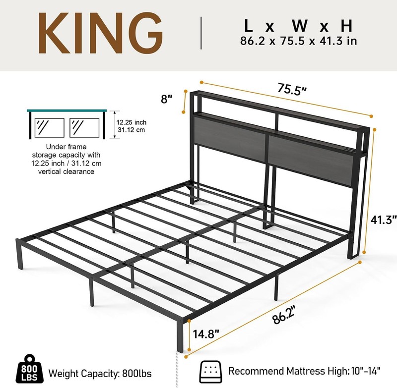 Metal Bed Frame Full/Queen/King with LED Storage Headboard and Charging Station gallery