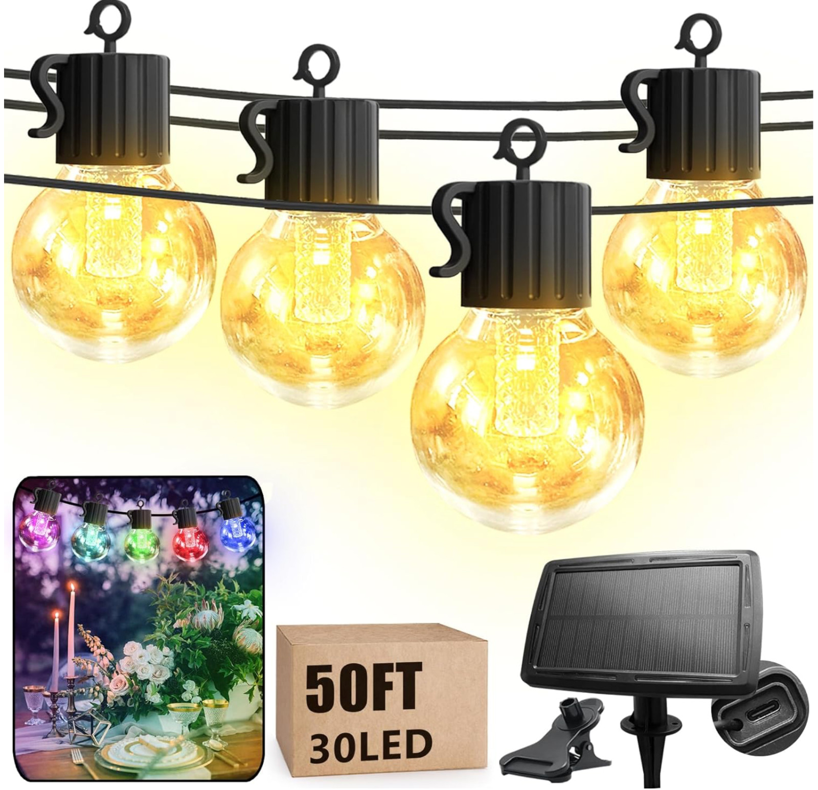 G40 Solar Power String Led Lights RGB+Warm white 30Bulbs 50FT IP65 8Mode Control gallery