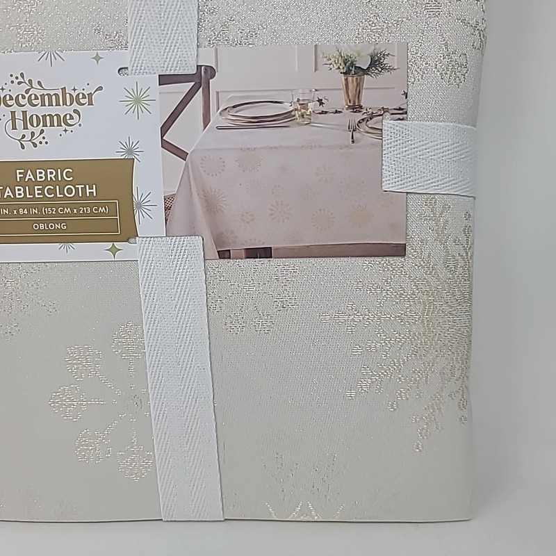 New Fabric Winter Table Cloth Off White Gold Sparkly Snowflakes 60 x 102 Inches gallery