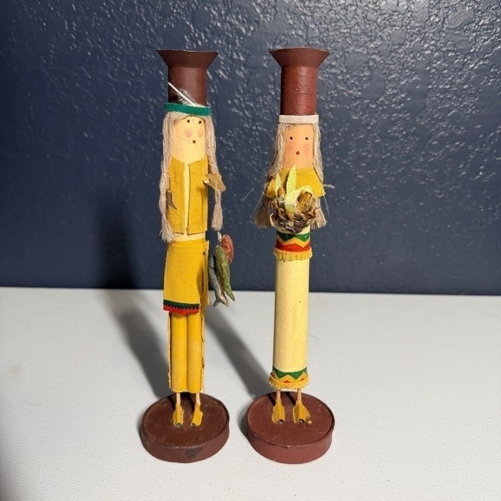 Unbranded Native American Style Candle Holders 11" Yellow Folk Art Figures gallery