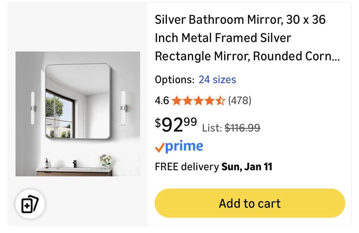 30x 36in Metal Framed Mirror Silver Rectangular Rounded Corners gallery