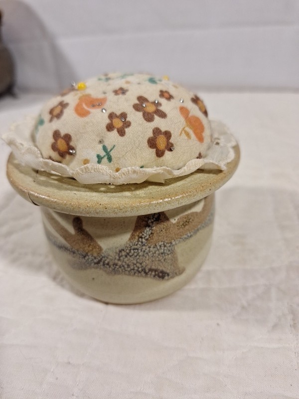 Studio Pottery Pin Cushion Brown And Blue Signed On Bottom 1984 Cracked On Rim gallery
