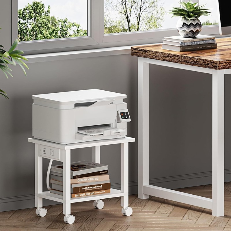 Mobile Printer Cart with Power Outlets & Locking Wheels - Modern White Design gallery
