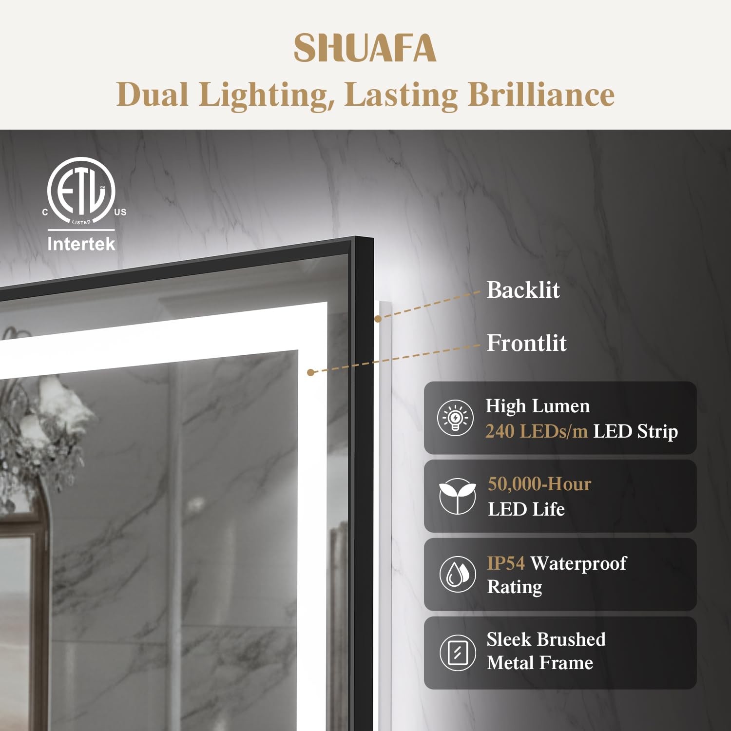 Mirror Bathroom 30x36 Inch Frontlit Backlit Black Frame SHUAFA LED Lights Vanity gallery