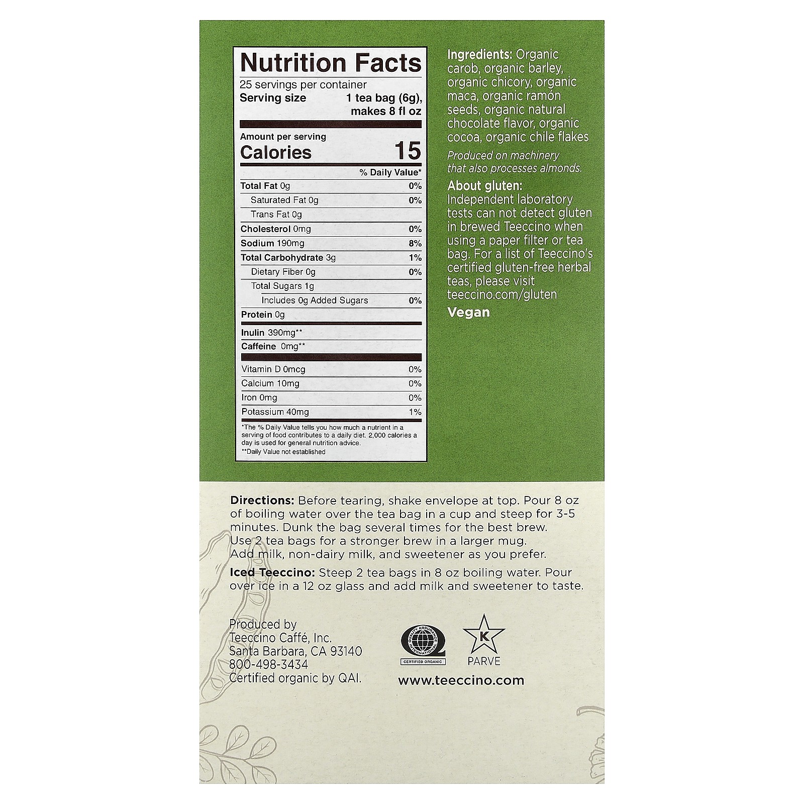 Organic Roasted Herbal Tea, Maca Chocolate, Caffeine Free, 25 Tea Bags, 5.3 oz gallery