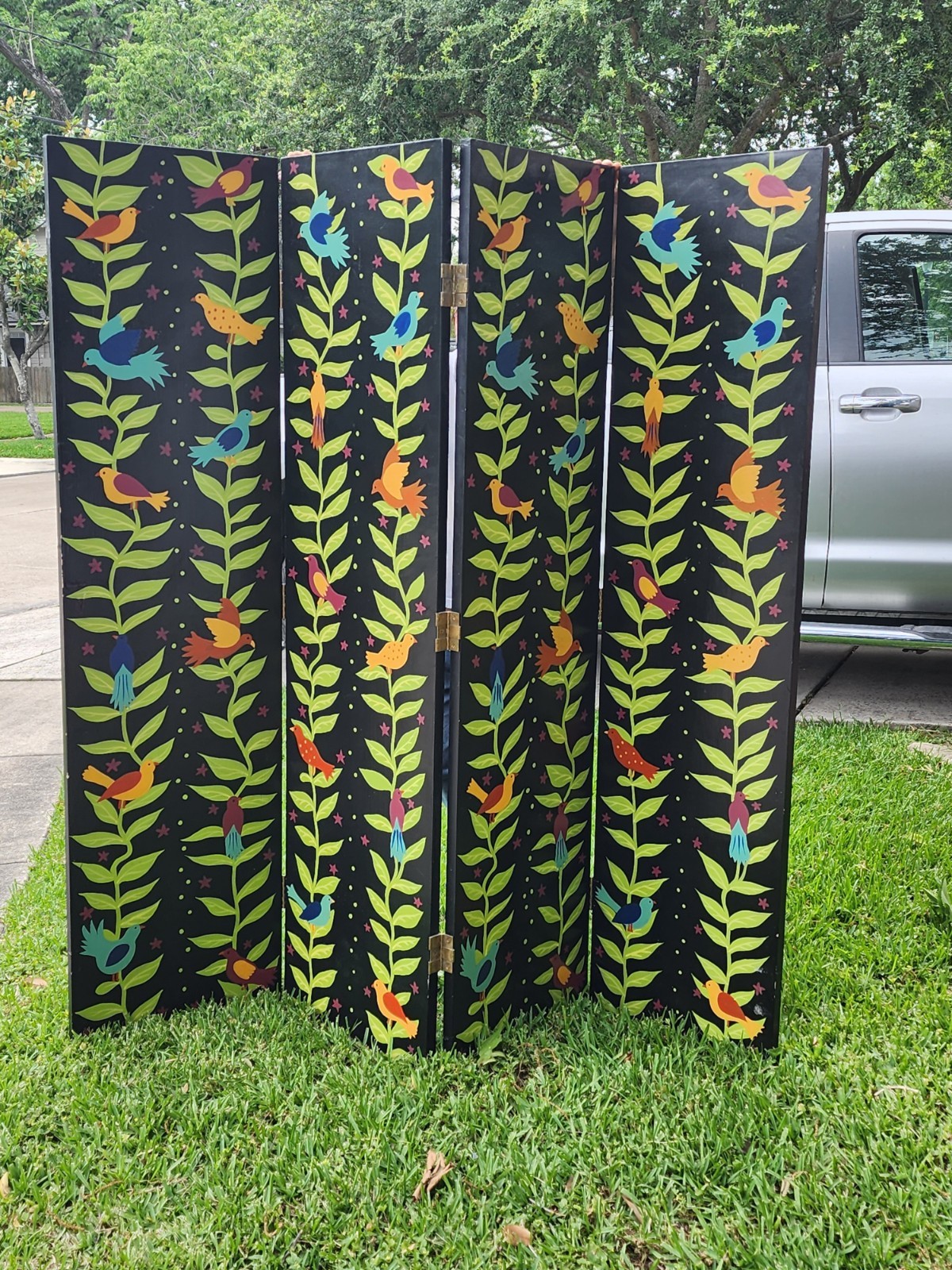 Susan Sargent Hand-Painted Fourfold Folding Screen with Birds and Vines gallery