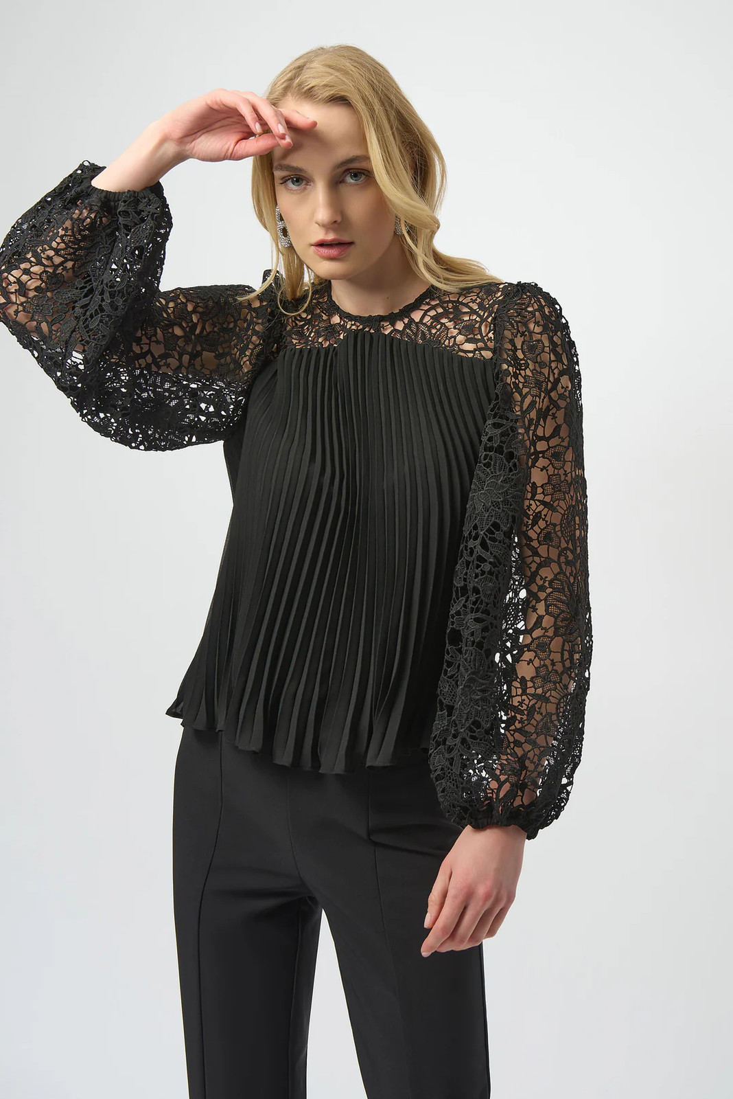 Joseph Ribkoff Black Pleated Crew Neck Long Lace Puff Sleeves Top 254900 gallery