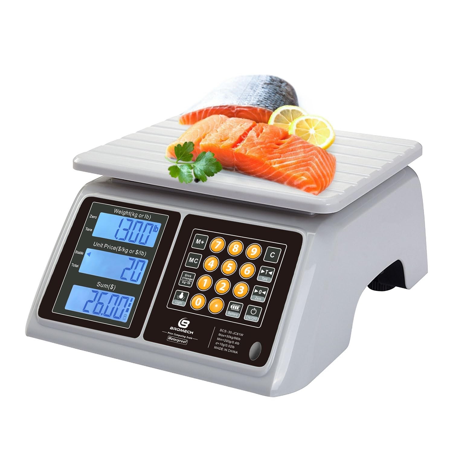 BROMECH Food Scale, Price Computing Scale, IPX7 Waterproof, 66lbs Capacity, Whit gallery