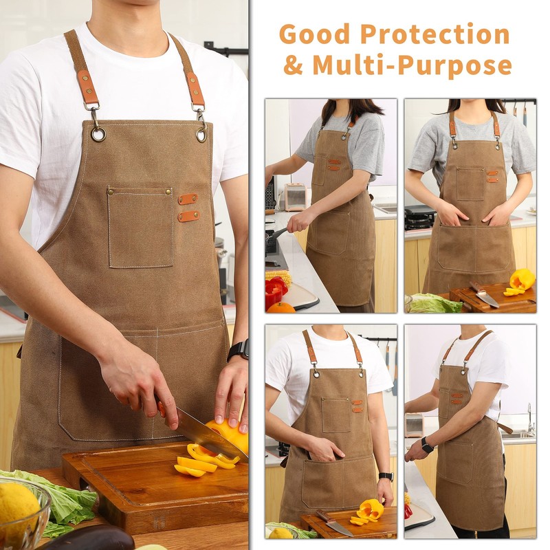 Canvas Cross Back Chef Apron, Adjustable Straps, Large Pockets, Brown gallery