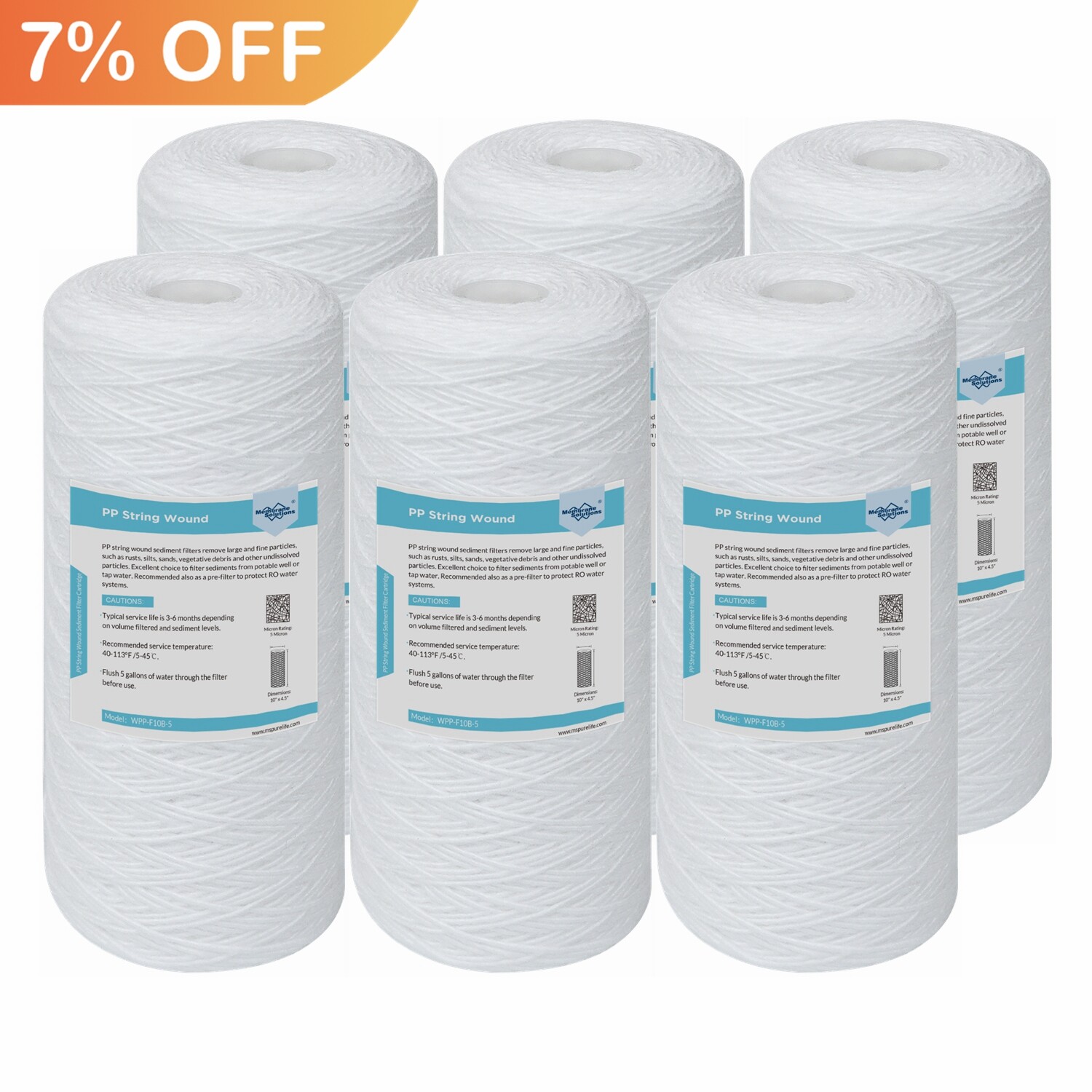 6 Pack 10" x 4.5" String Wound Sediment Water Filter for Big Blue 1/5/10 Micron gallery