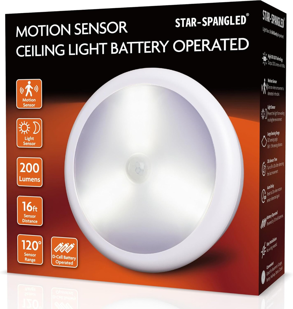 6.3” Motion Sensor Ceiling Light Indoor AA or D-Cell Battery Operated for Hal...
