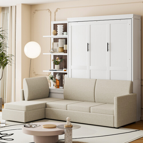 Full Queen Size Murphy Wall Bed with Sofa & Shelves Space Saving Wood Hidden Bed gallery