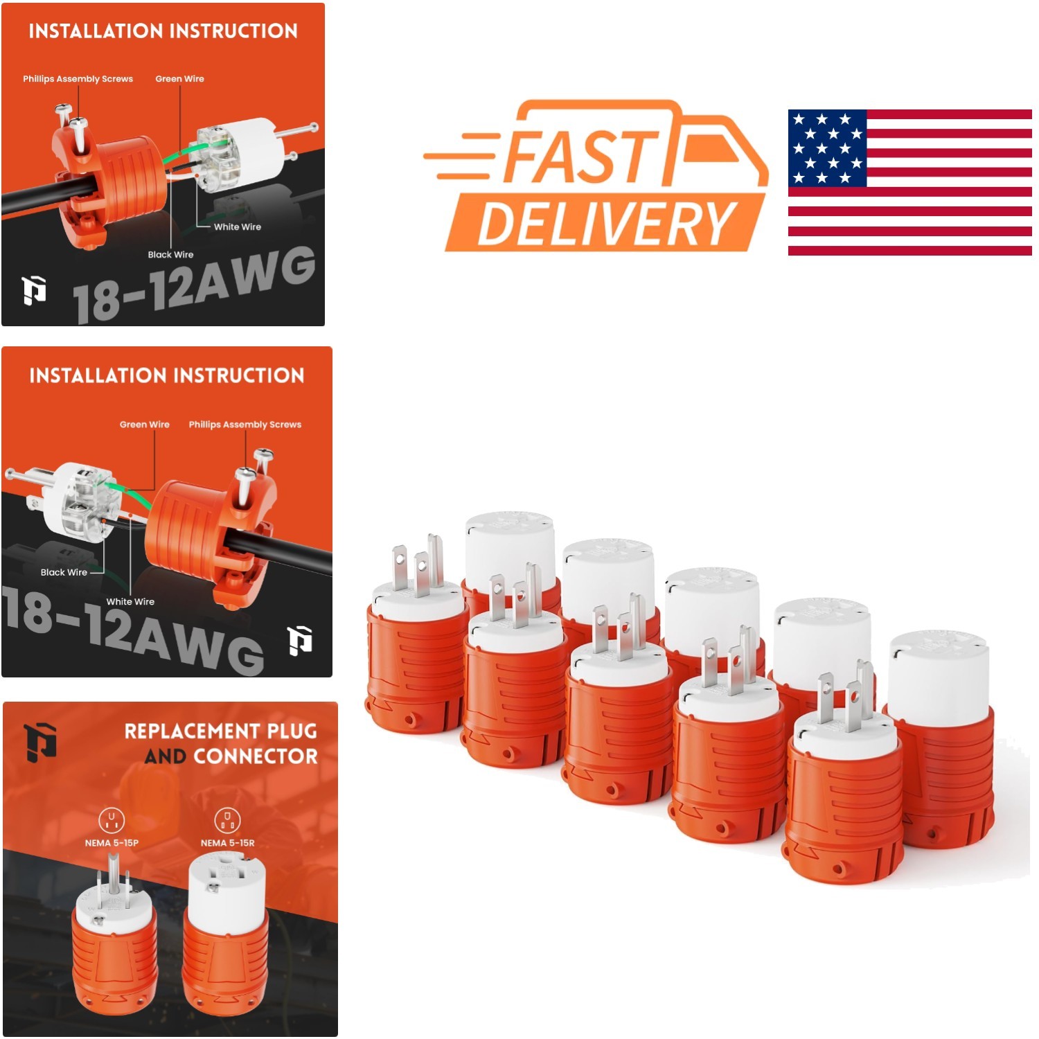 Extension Cord Ends Male and Female Replacement Plug Connector Set Orange gallery