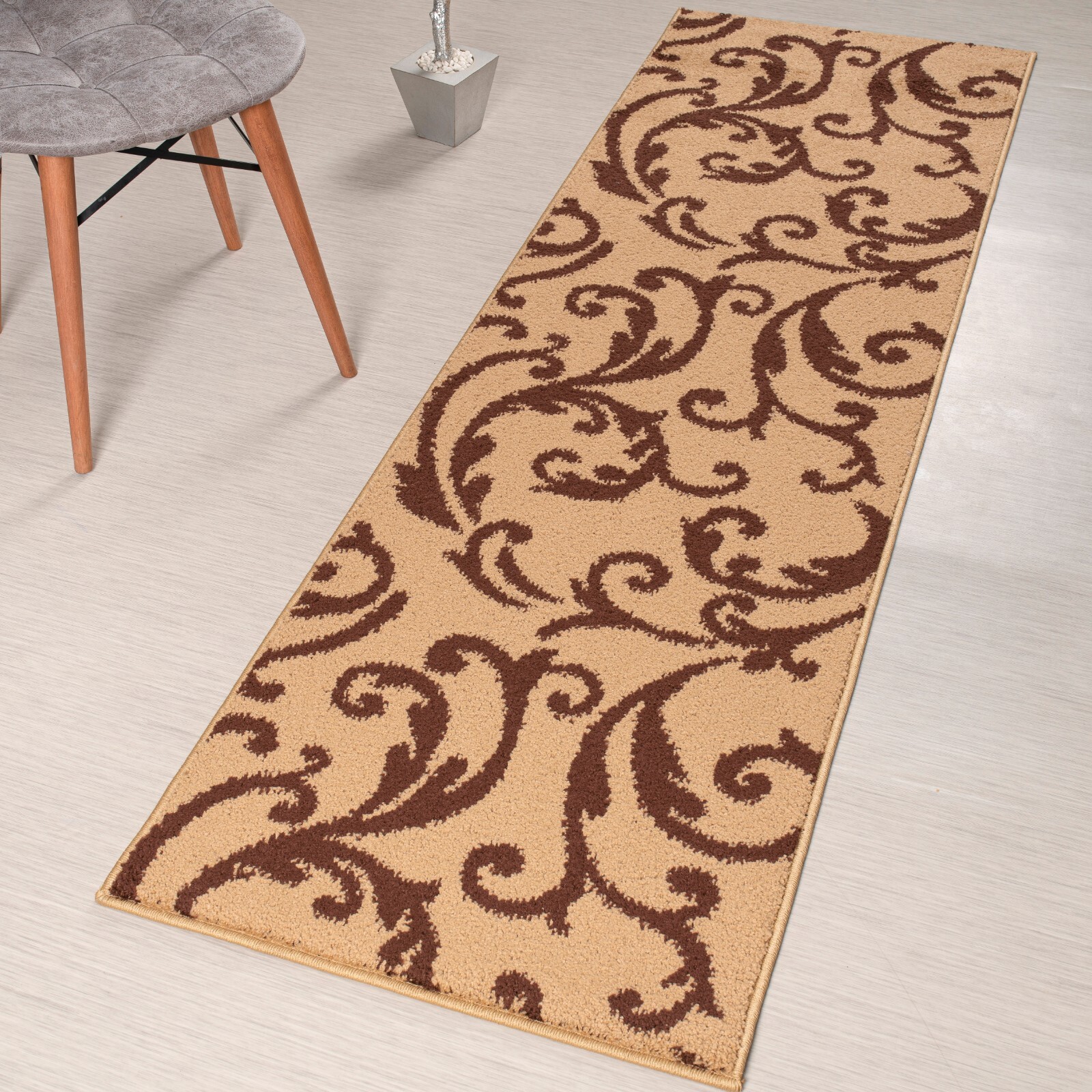 Custom Length Stair Hallway Carpet Runner Rug Non Slip Backing, Floral Beige gallery