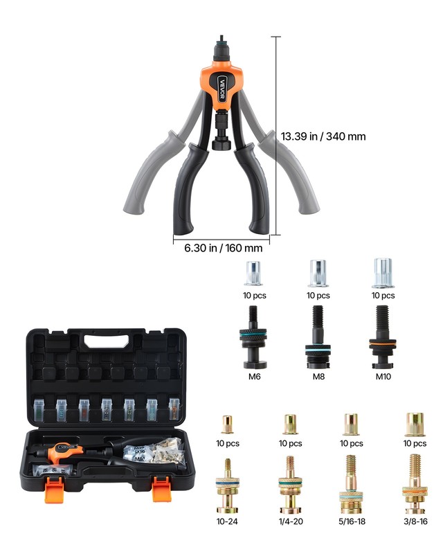 VEVOR Rivet Nut Tool Kit Rivnut Tool Kit 14-Inch Two-Handed 7 Mandrels 70 Nuts gallery