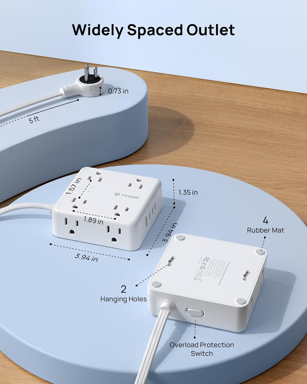 TROND 360° Rotating Flat Plug Power Strip, 5FT Extension Cord , White gallery