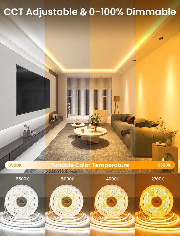 COB LED Strip Light 16.4ft, Dimmable 2300K-6500K White CCT Tunable, DC 24V Cu... gallery