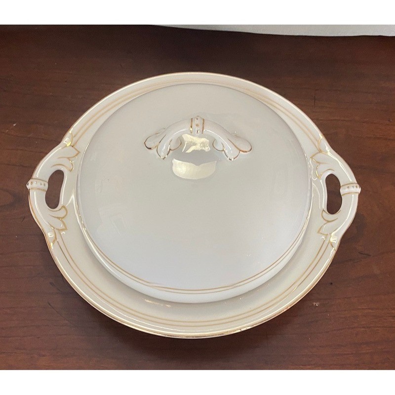 Antique Jaeger & Co Bavaria Covered Butter Dome Dish Keeper Ivory & Gold gallery