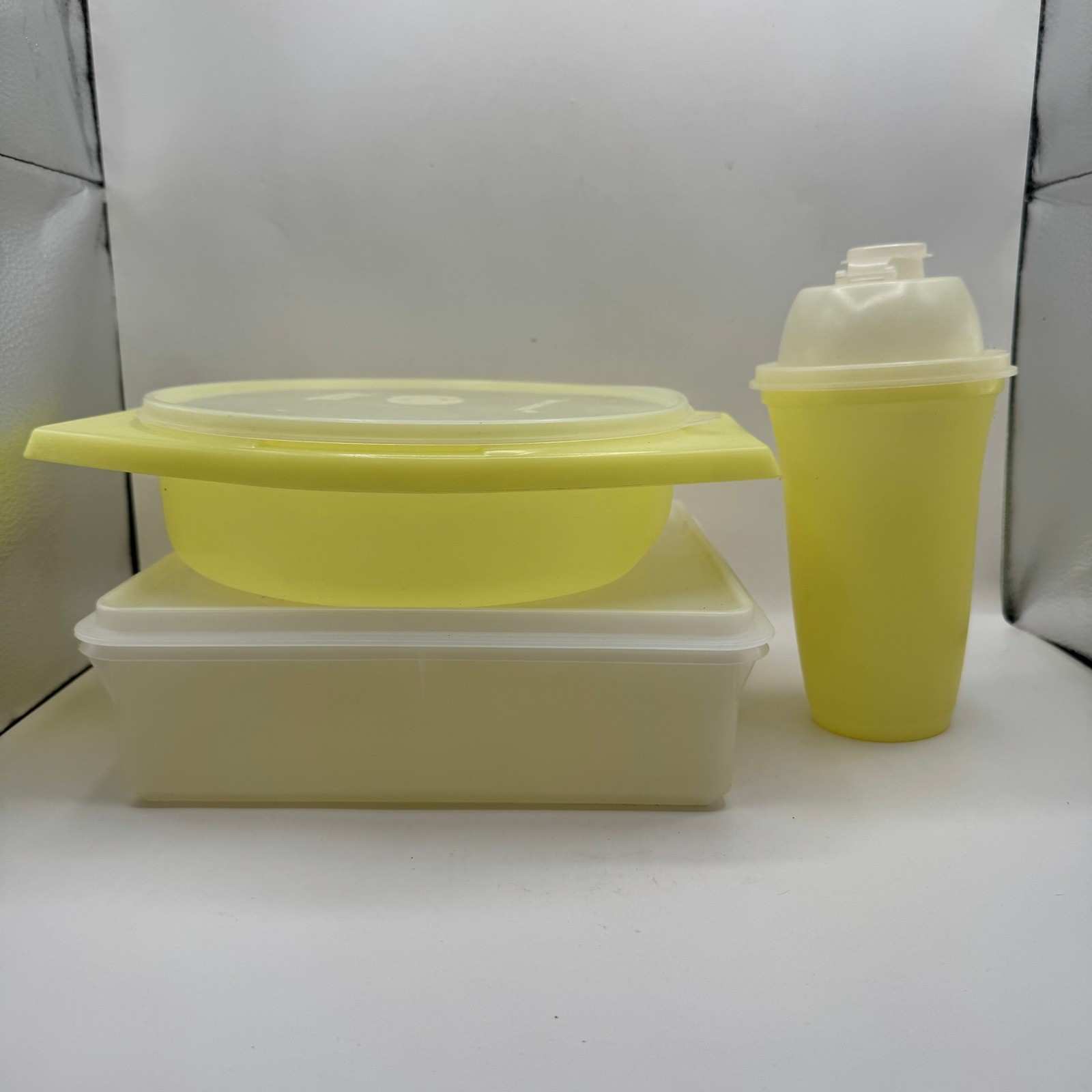 Tupperware Food Storage Set 3pc Yellow Sheer Rectangular Round Shaker Vintage gallery