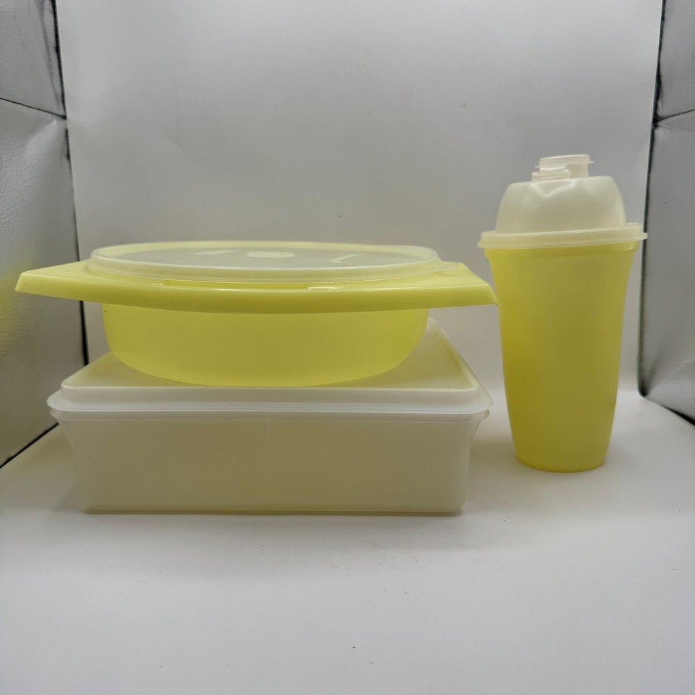 Tupperware Food Storage Set 3pc Yellow Sheer Rectangular Round Shaker Vintage