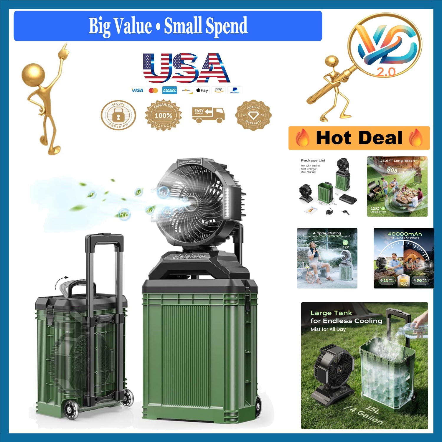 Extra-Large 4 Gallon Misting Bucket Fan 40000mAh Portable Oscillating Camping... gallery