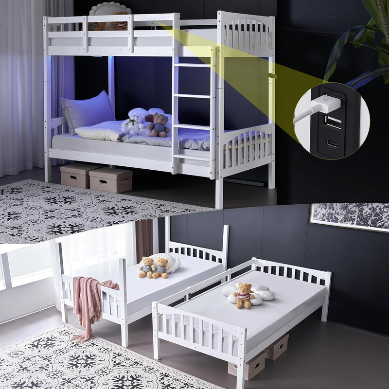 Modern Bunk Bed with LED Lighting & USB Ports, Heavy-Duty Twin Over Twin gallery