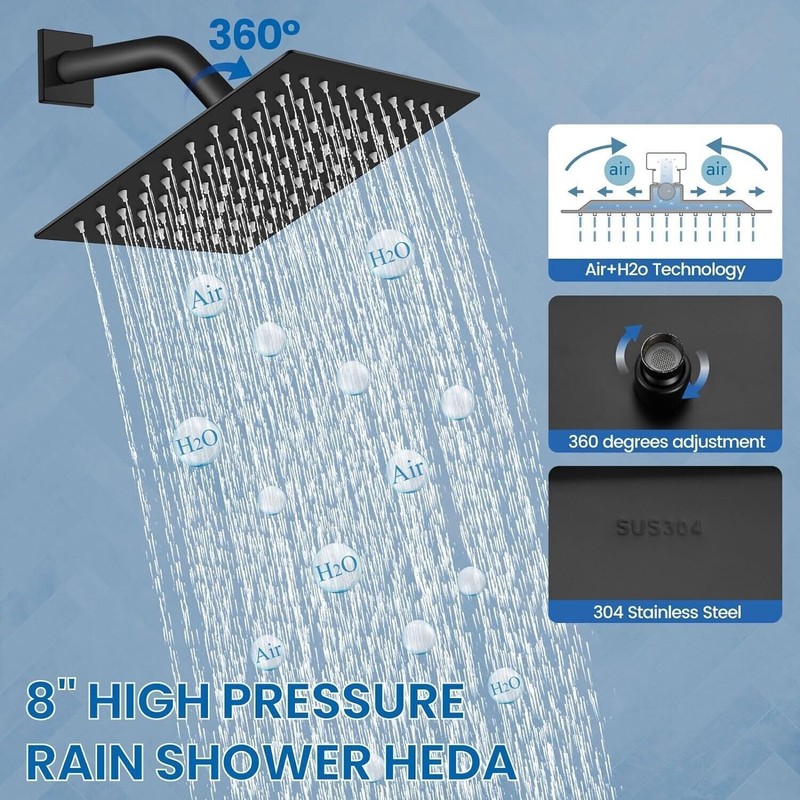 8" Rainfall Shower Head Combo System with Mixer Valve Kit Shower Faucet Black gallery