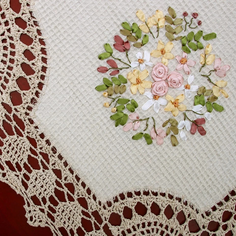 Handmade Crochet Cotton Lace Table Runner Dresser Scarf, Ribbon Embroidery, R... gallery