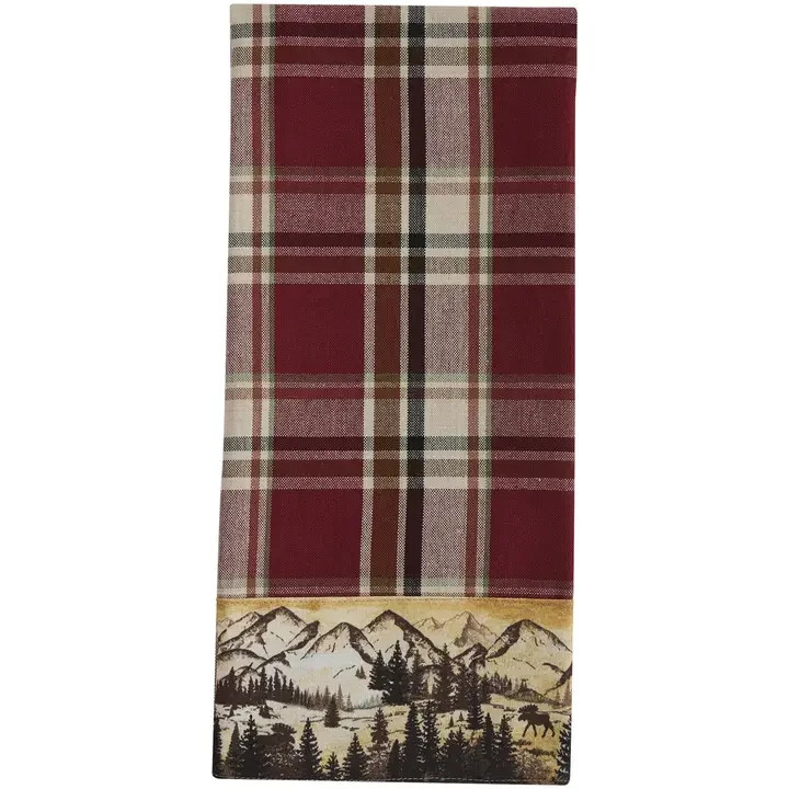 CULPEPPER BORDERED DISHTOWEL, MOUNTAINS, TREES, MOOSE, CABIN, LODGE THEME