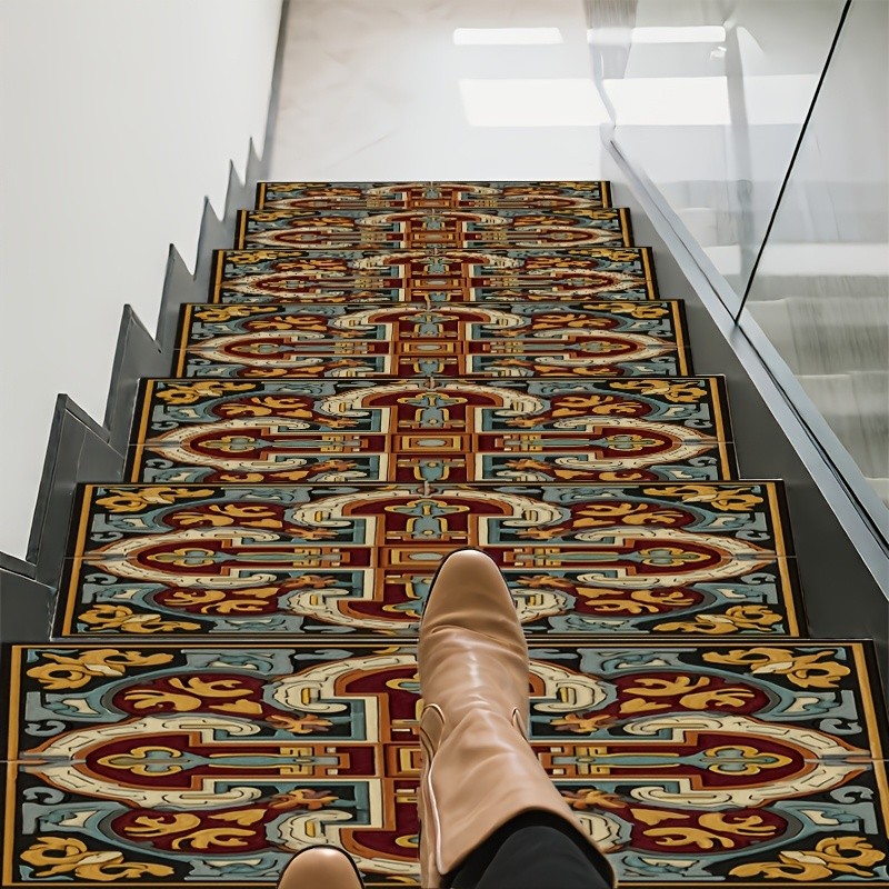 Vintage Geometric Pattern Printed Stair Treads, Easy to Clean, Non-slip and We gallery
