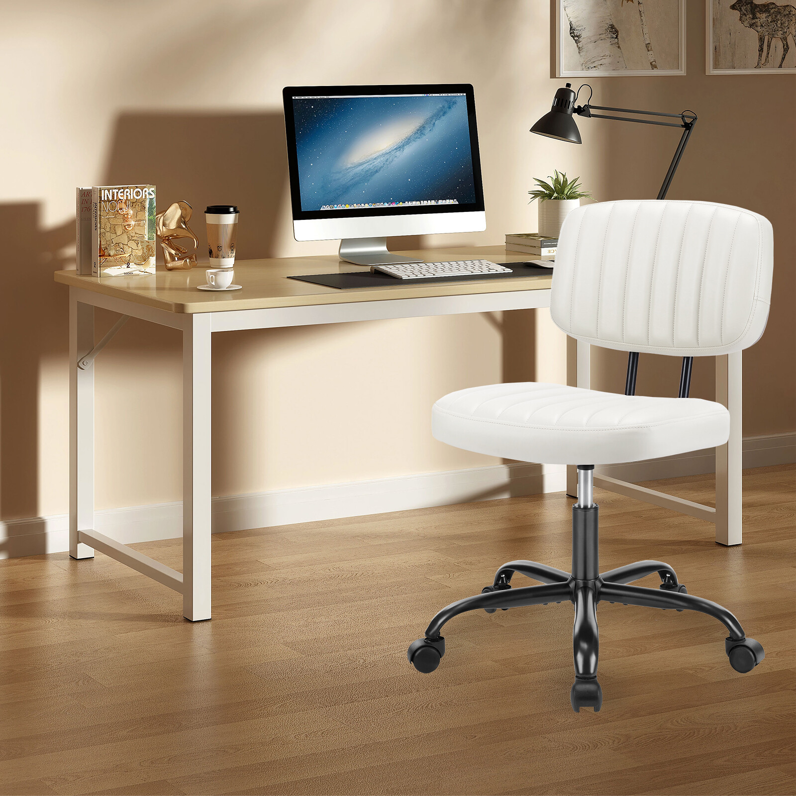 Small Office Chair Armless with Wheel Swivel Height Adjustable Desk Seat Leather gallery