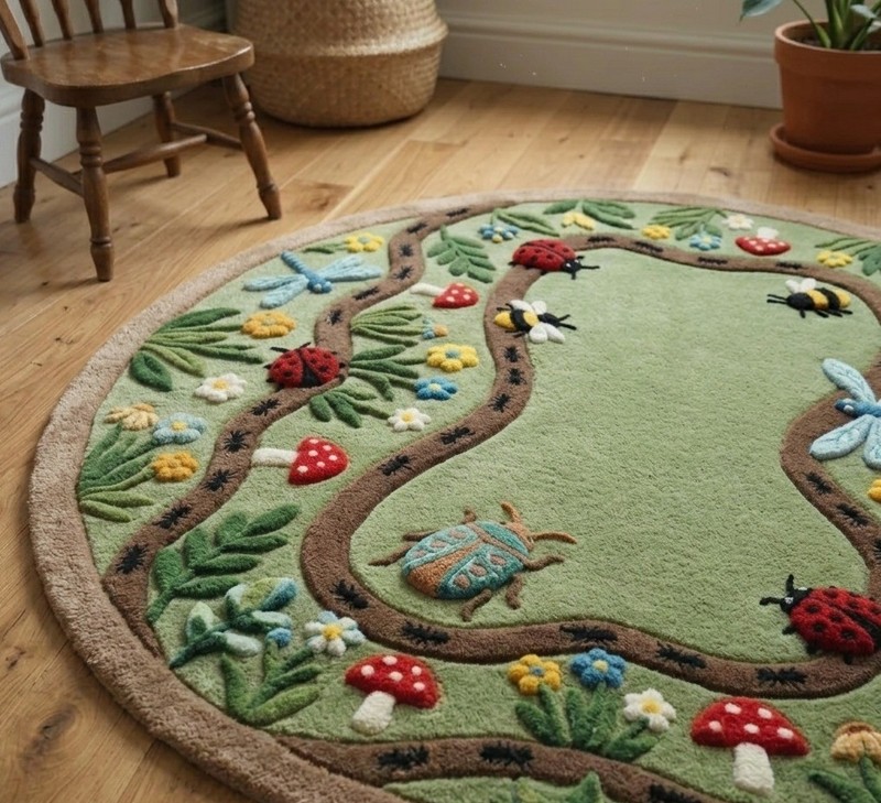Hand Tufted Round Wool Rug Handmade Floral Kids Nursery Garden Cotton Backing gallery