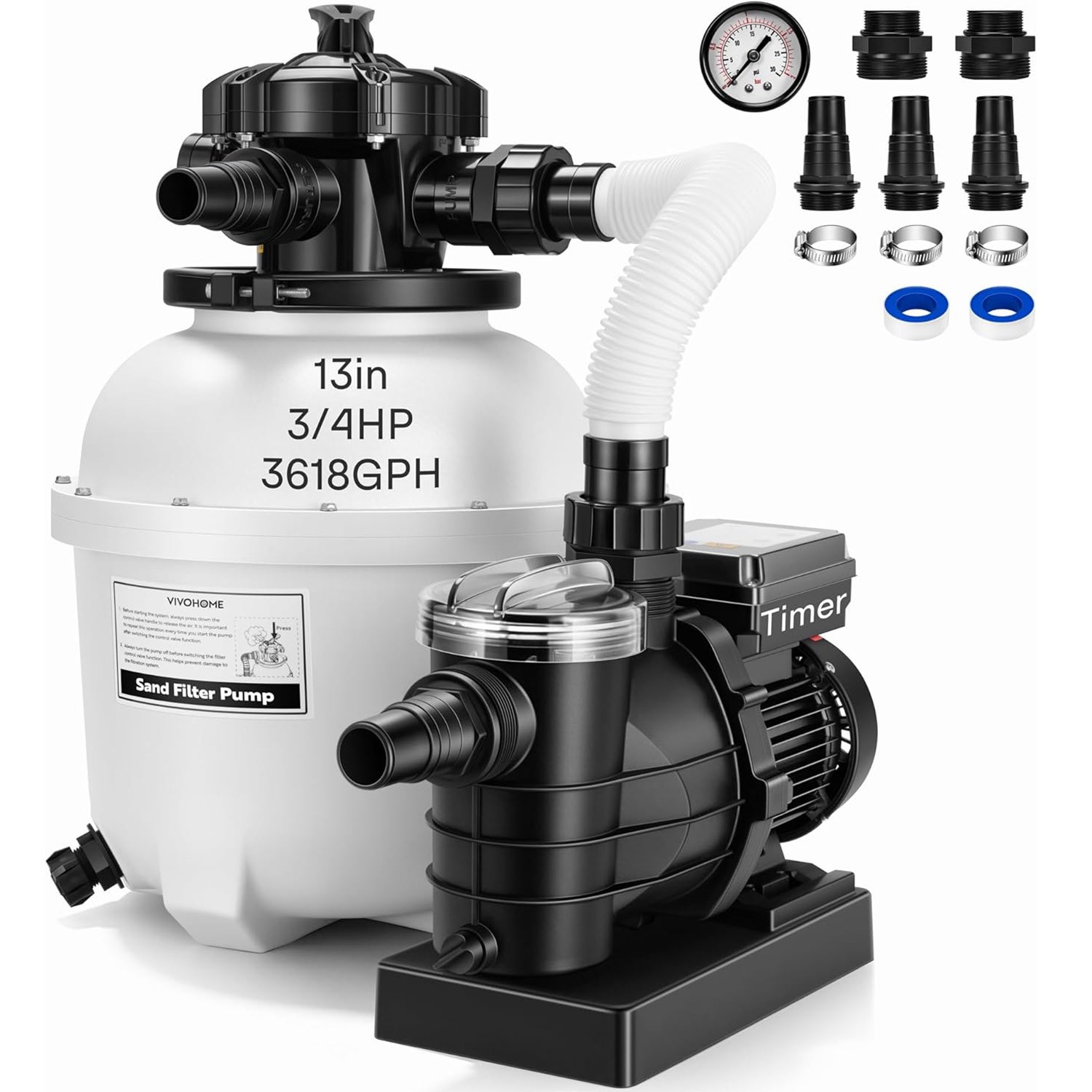 13" Sand Filter Pump 0.75HP 3618GPH Pool Filter System w/ 24H Timer 6 Way Valve gallery