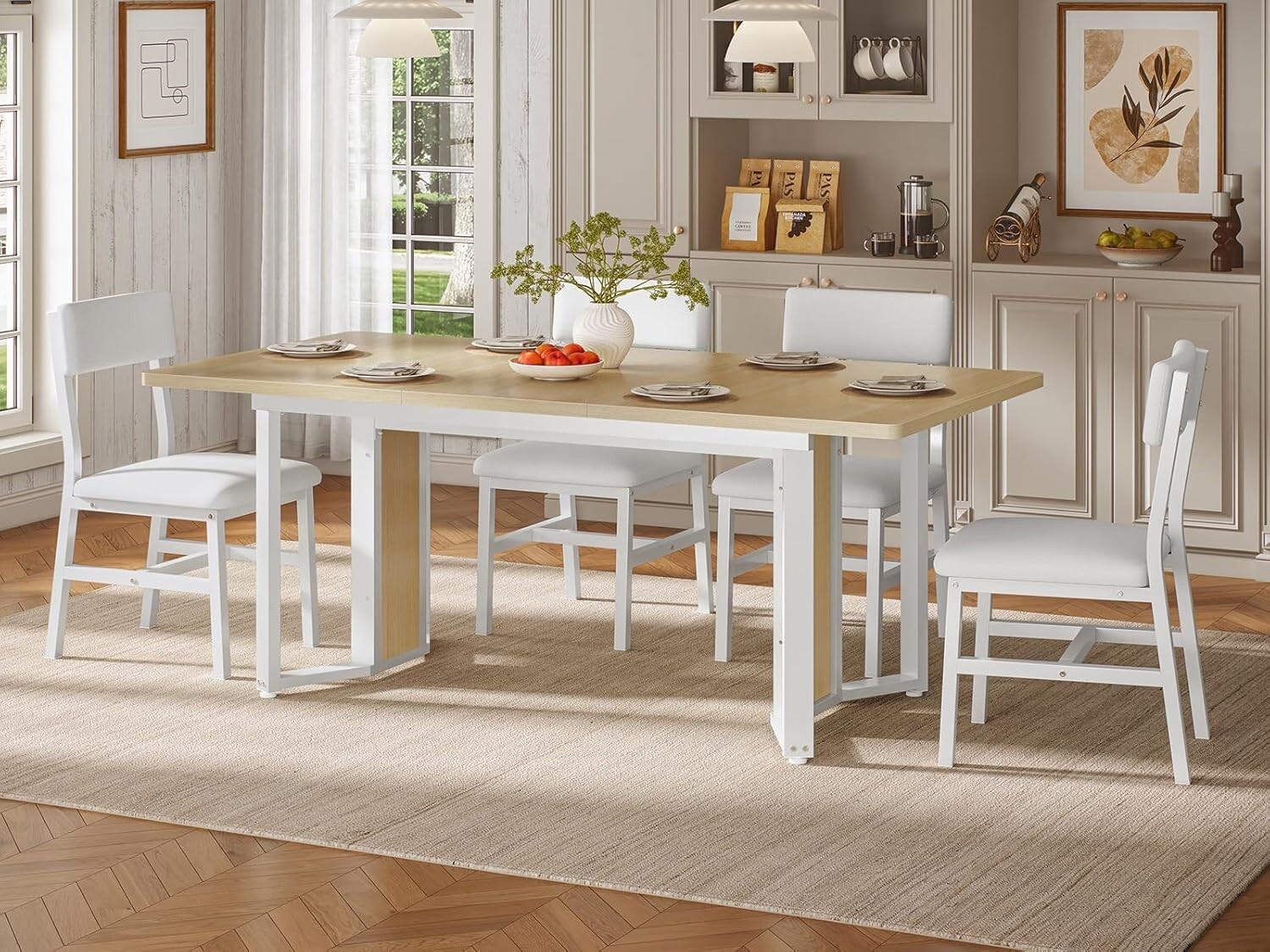 4-6 People Dining Table Set with 63" Extendable Kitchen Table & 4 Cushion Chairs gallery