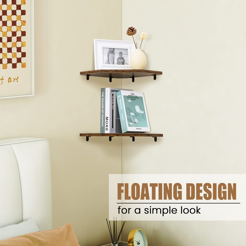 4 PCS Corner Floating Shelves Wall Mount Rustic Wood Storage Display Brown gallery